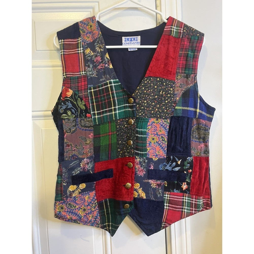 VTG 90s Patchwork Vest Soho Compagnie M Tartan Plaid Velvet Floral Whimsigoth